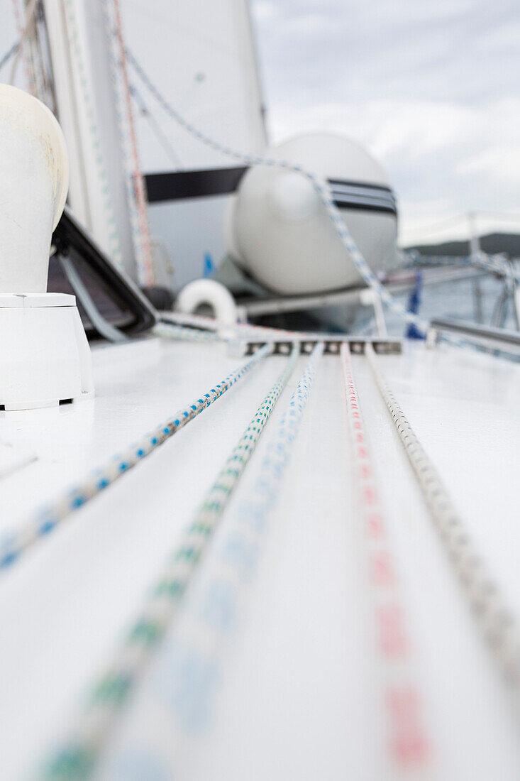 Mooring ropes on the deck of a sailing boat, Gulf of Trieste, Gorizia, Friuli Venezia Giulia, Italy