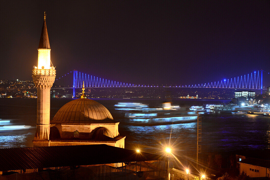 Illuminated Bosphorus Bridge at night, Istanbul, Turkey