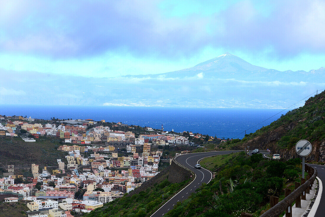 View over San Sebastian with Mount Teide in background, La Gomera, Canary Islands, Spain