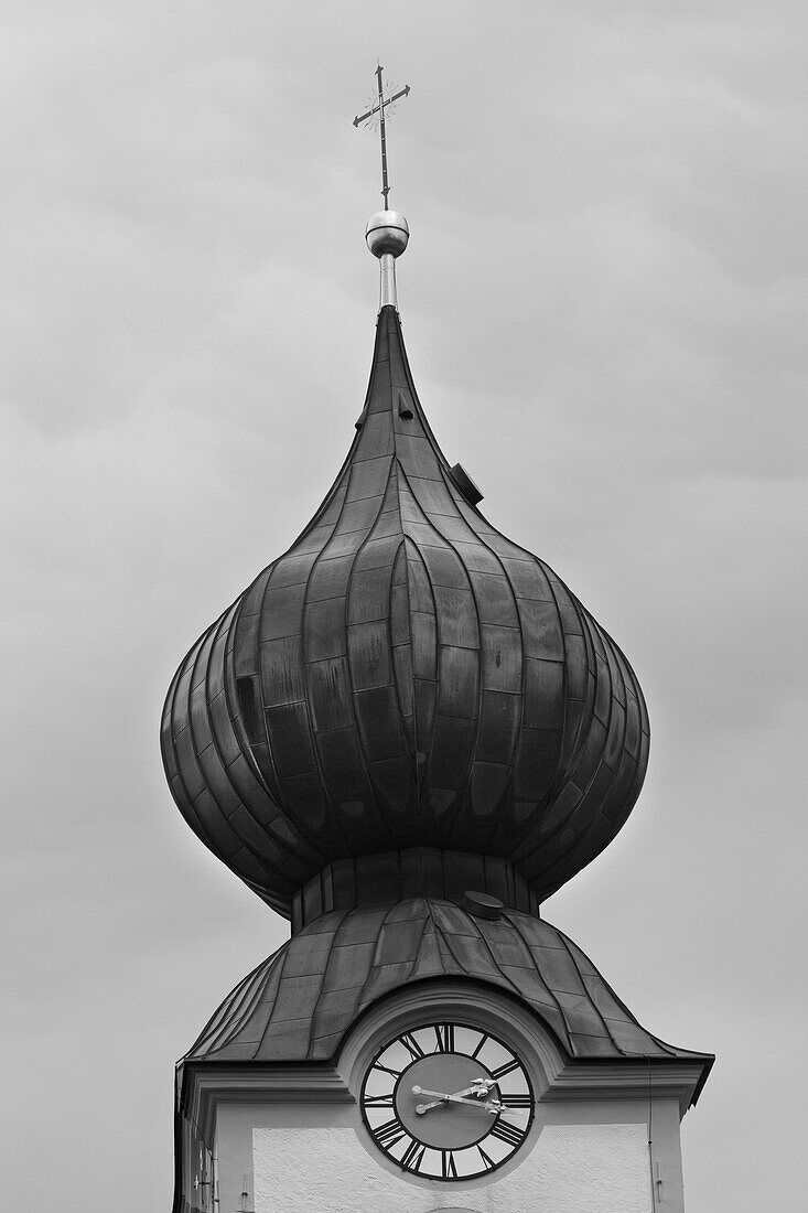 Church in Grassau with onion shaped tower, Traunstein, Upper Bavaria, Bavaria, Germany