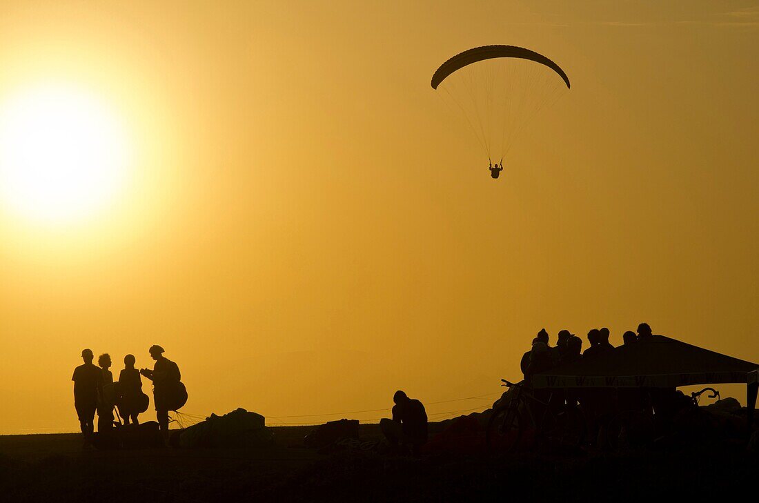 Practicing paragliding on the waterfront of Miraflores district. Lima city. Peru.