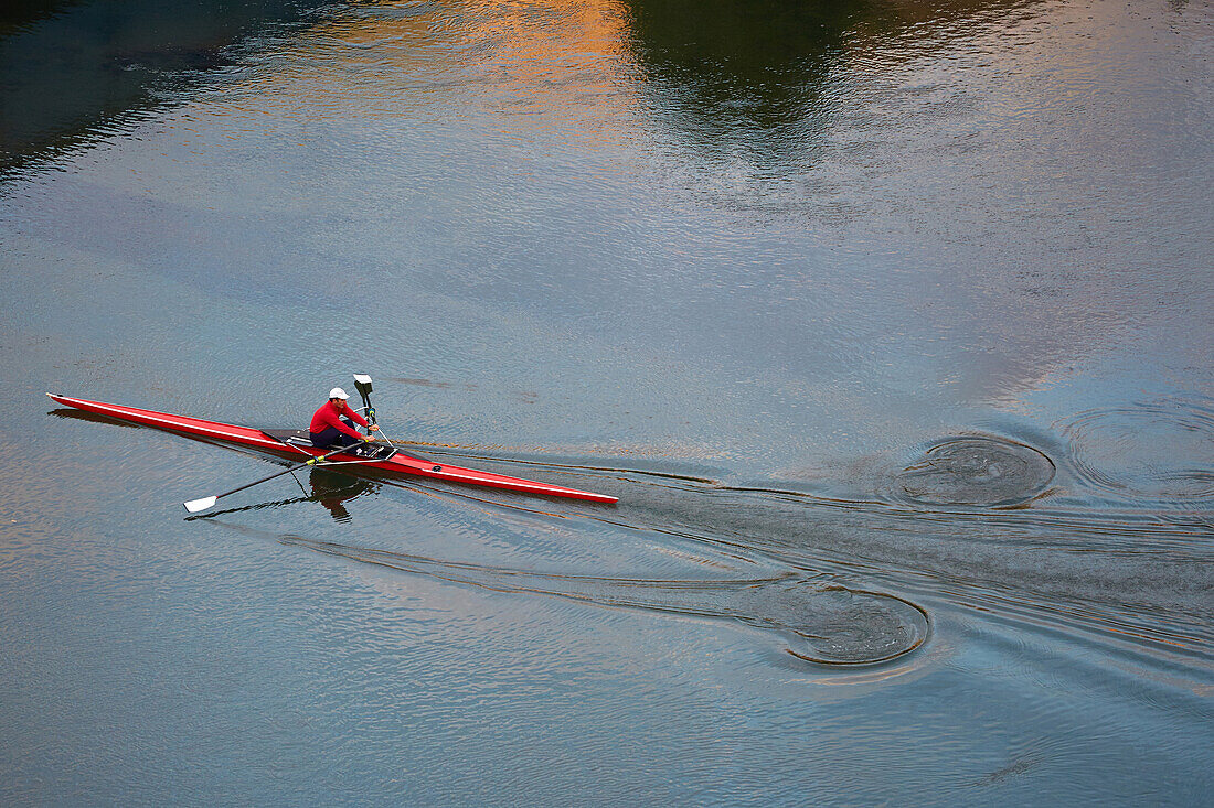 Einzelner Ruderer, Fluss Urumea, Donostia (San Sebastian), Baskenland, Spanien