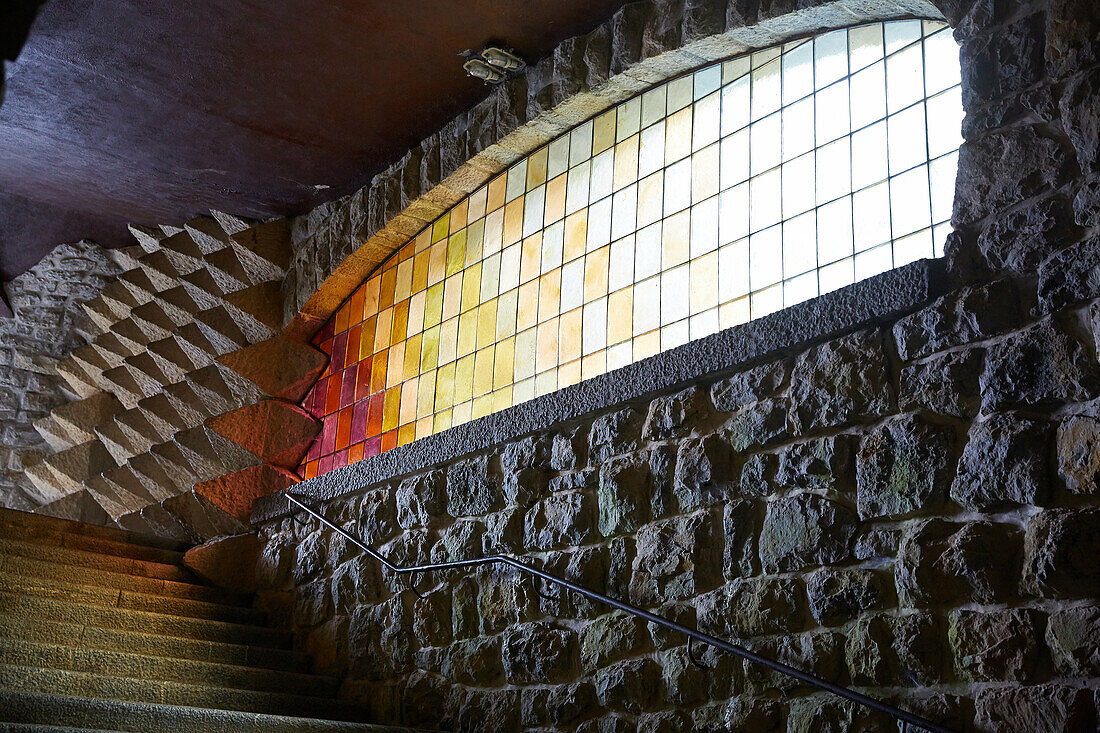 Stained glass window, Santa María de Arantzazu temple, Oñati, Gipuzkoa, Basque Country, Spain