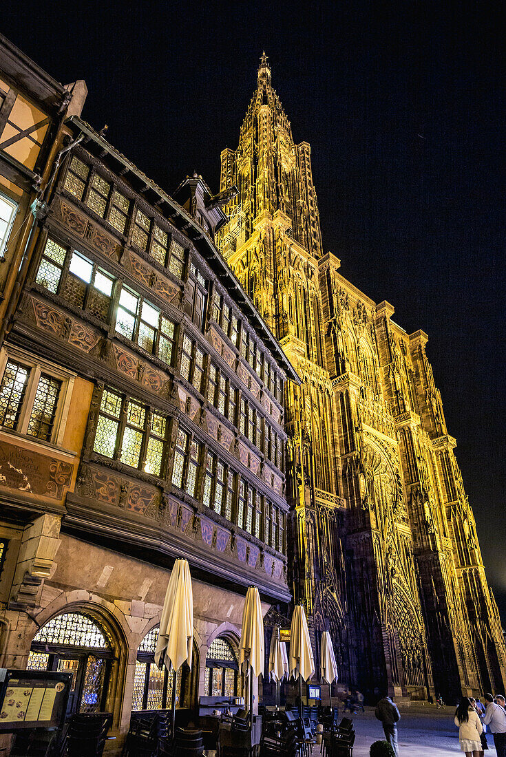 sgm72486 Maison Kammerzell and Notre-Dame cathedral at night Strasbourg Alsace France.