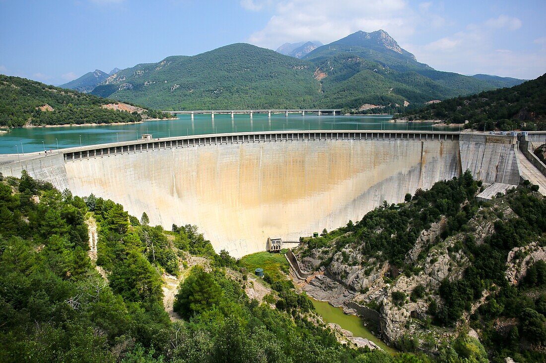 Catalunya, Spain, La Baells dam at practically full capacity of 109 cubic hectometeres on the Llobregat river, near Berga village municipality of Bergueda.