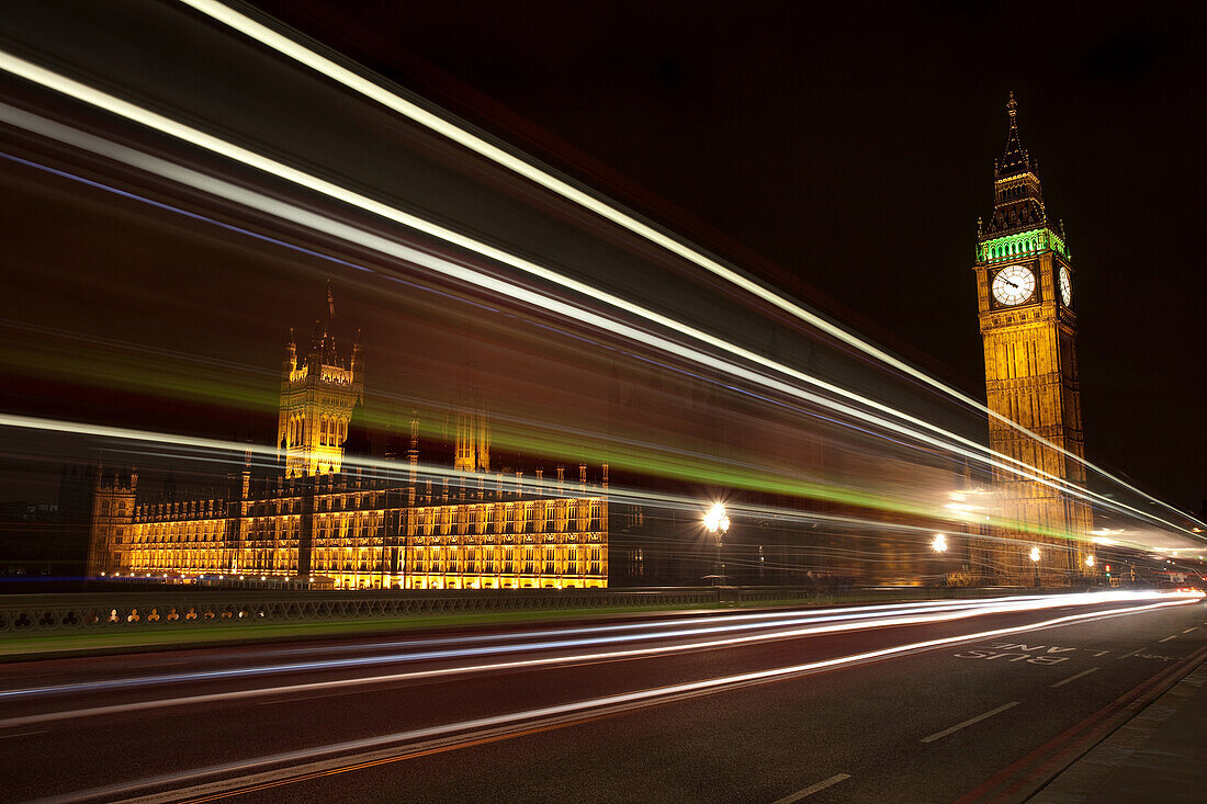 Light trails and Palace of Westminster,London, UK