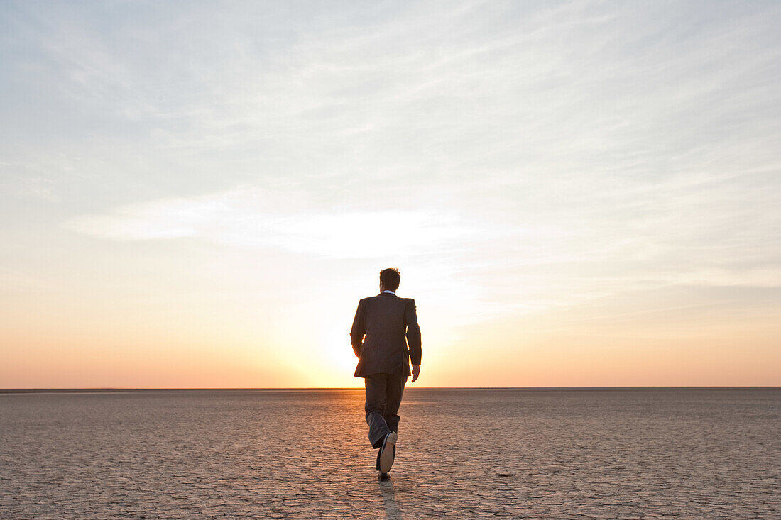 Businessman walking alone in the desert
