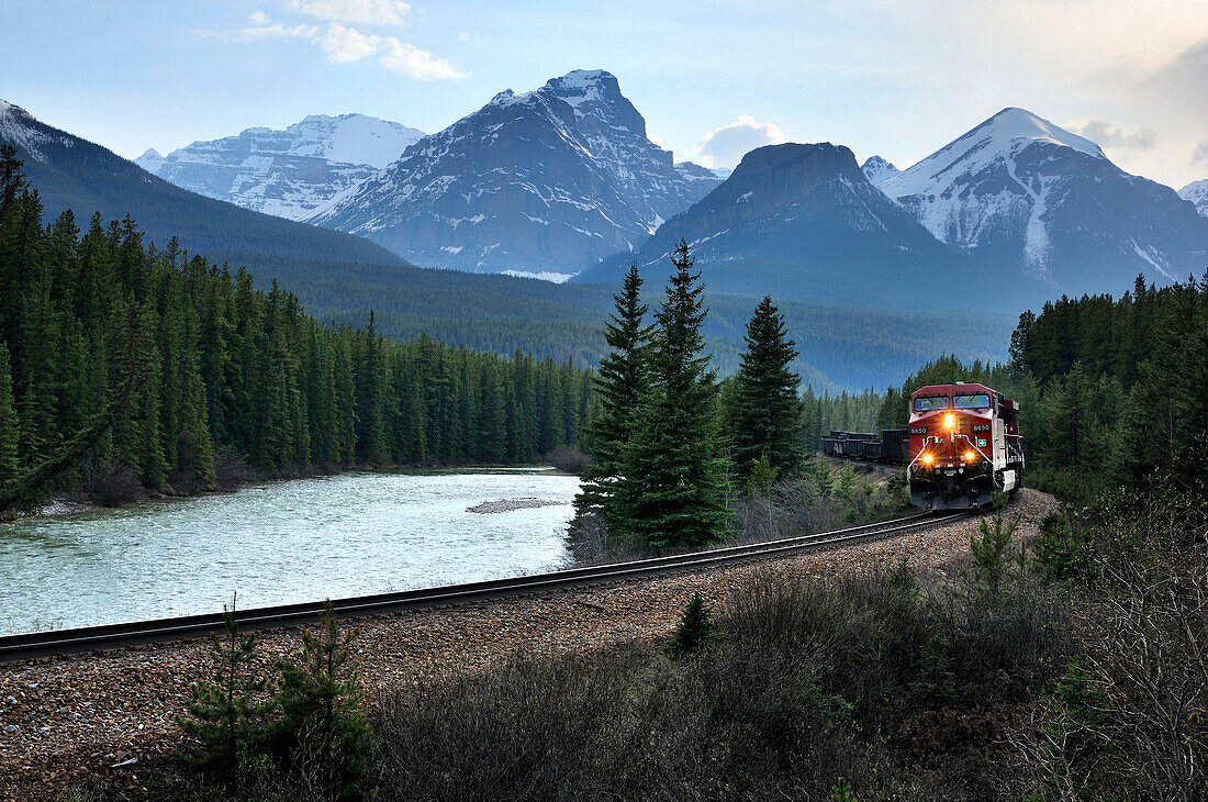 Eastbound train and Bow Range, Banff National Park, Alberta, Canada