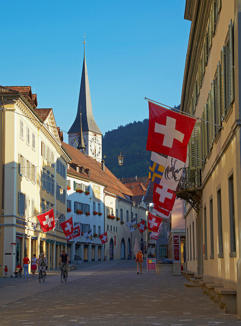 Poststrasse and tower of St. Martins church, Old city of Chur, Alpenrhein, Rhine, Canton of Grisons, Switzerland, Europe