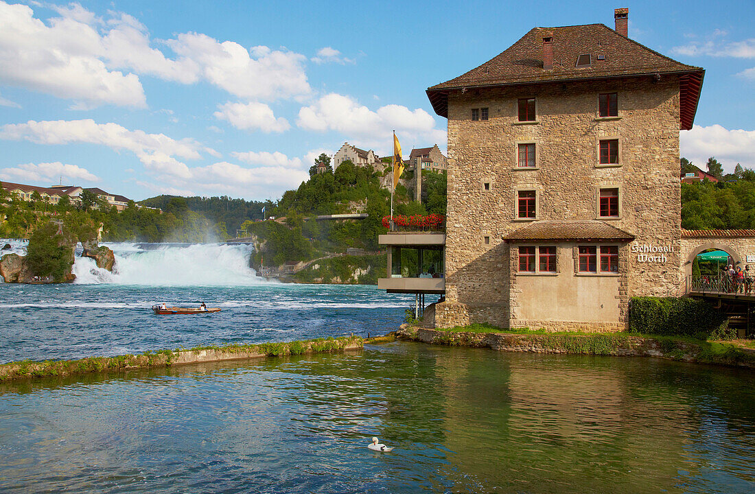 Woerth Castle with the Rheinfall at Schaffhausen and Laufen Castle, Waterfall, River Rhine, Canton of Schaffhausen, Switzerland, Europe