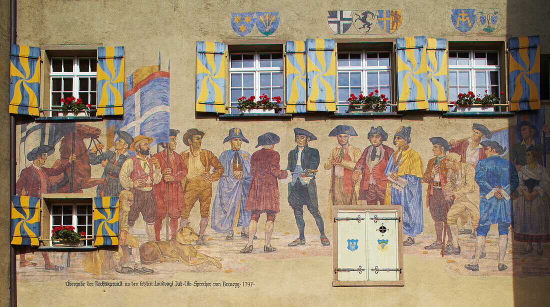 View at the wall painting at Maienfeld town hall, Alpenrhein, Rhine, Canton of Grisons, Switzerland, Europe