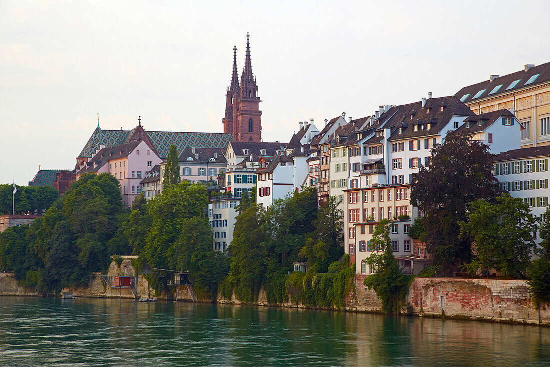 View across the river Rhine to the Minster, Basel, Switzerland, Europe