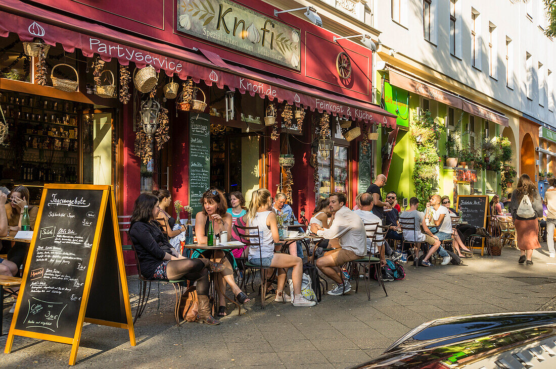People in front of restaurant called Knofi, Kreuzberg, Berlin, Germany