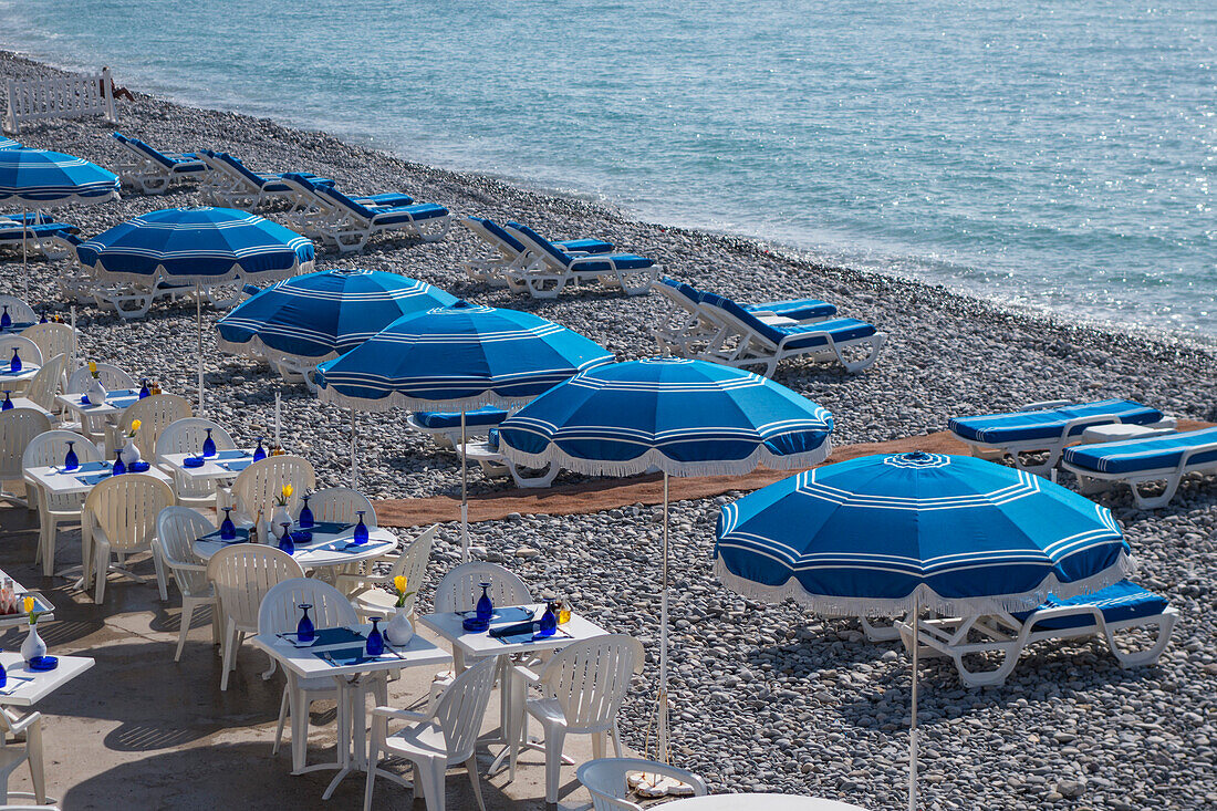Beach Front with beach bar, Promenade des Anglais, Nice, Alpes Maritimes, Provence, French Riviera, Mediterranean, France, Europe