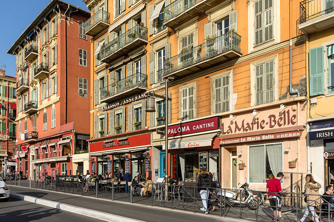 Strassencafes, Alter Hafen, Nizza, Provence-Alpes-Côte d'Azur, Alpes-Maritimes, Frankreich, Europa