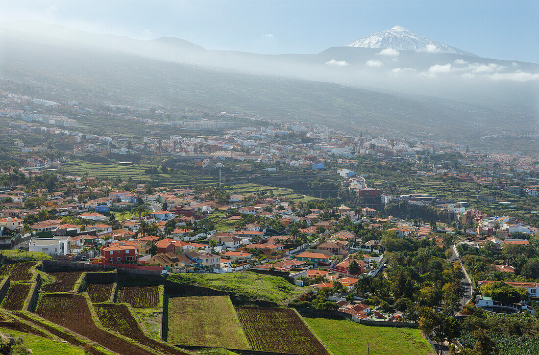 view from Mirador de Humboldt, viewpoint, view over the Orotava valley to Teide, 3718m, with snow, the island´s landmark, highest point in Spain, volcanic mountain, Tenerife, Canary Islands, Spain, Europe