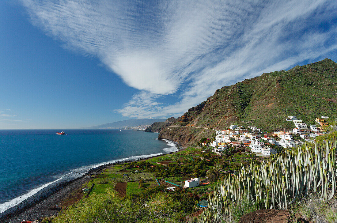 View from Igueste de San Andres to Santa Cruz and Teide mountain, Las Montanas de Anaga, natural preserve, Parque Rural de Anaga, coastline, Atlantic ocean, Tenerife, Canary Islands, Spain, Europe