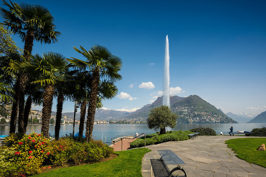 Lake shore in Paradiso, Lugano, Lake Lugano, canton of Ticino, Switzerland