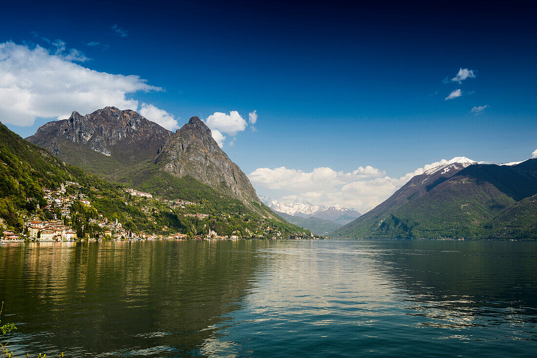 Reflection of mountains, Valsolda, Lake Lugano, Province of Como, Lombardy, Italia