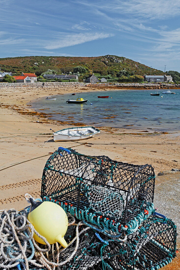 Lobster traps, Highwater Landing, New Grimsby, Tresco, Isles of Scilly, Cornwall, England, Great Britain