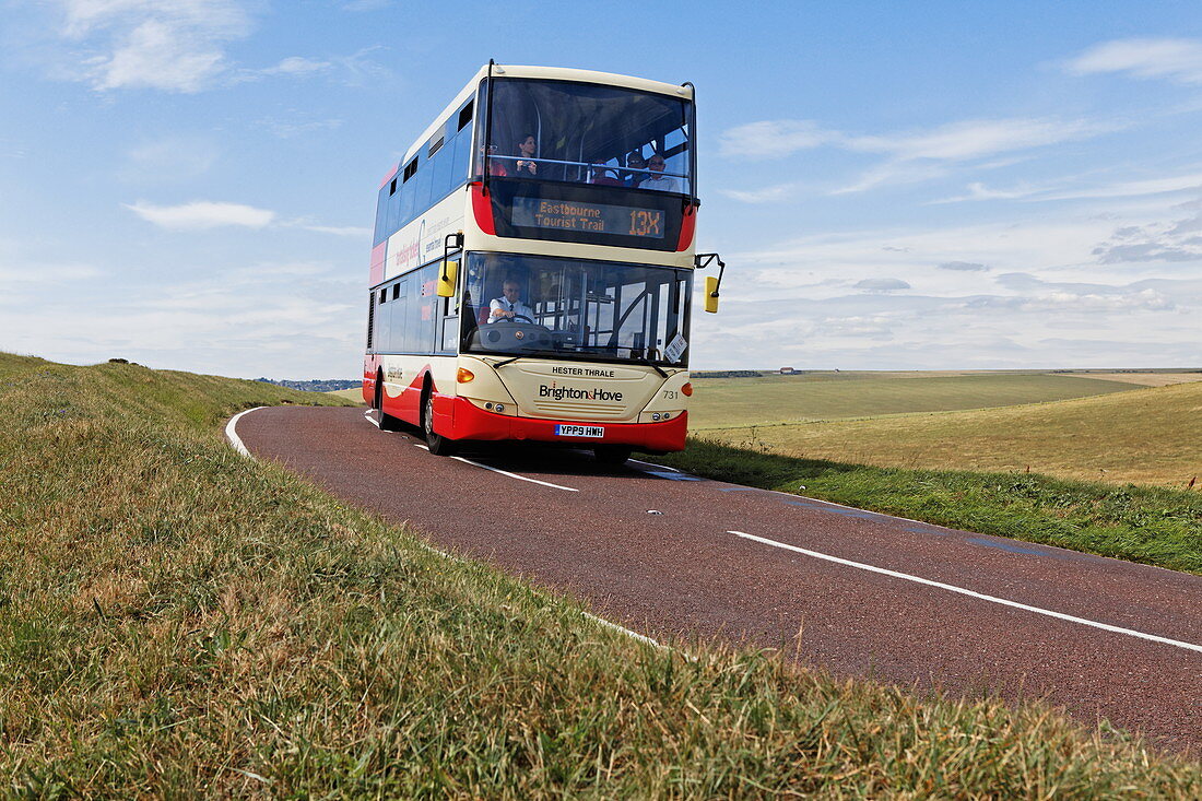 Public bus on a country road near Beachy Head, East Sussex, England, Great Britain