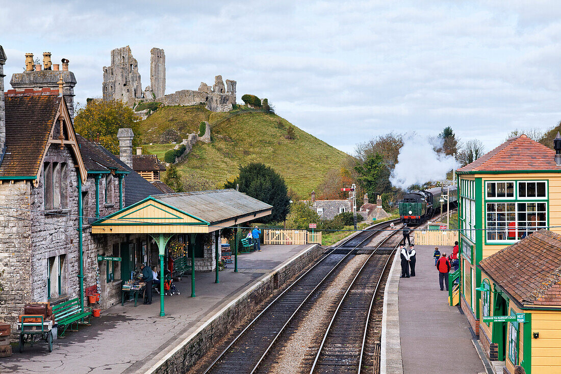 Train station of Swanage Railway at Corfe Castle, Dorset, England, Great Britain
