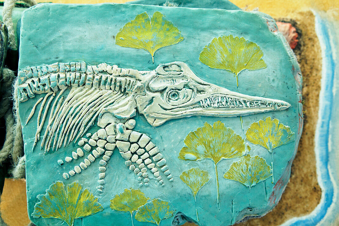 Skeleton of a dinosaur, Lyme Regis Museum, Lyme Regis, Dorset, England, Great Britain