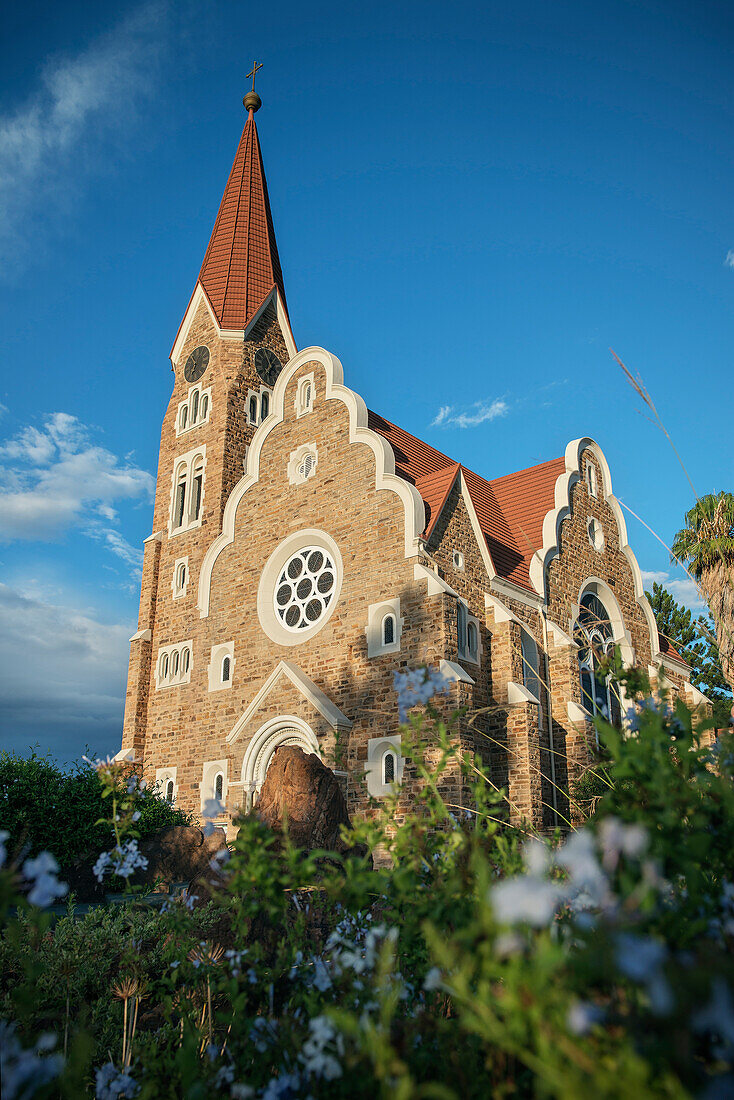 Christ Church with Palm trees after a thunderstorm , Windhoek, Namibia, Africa