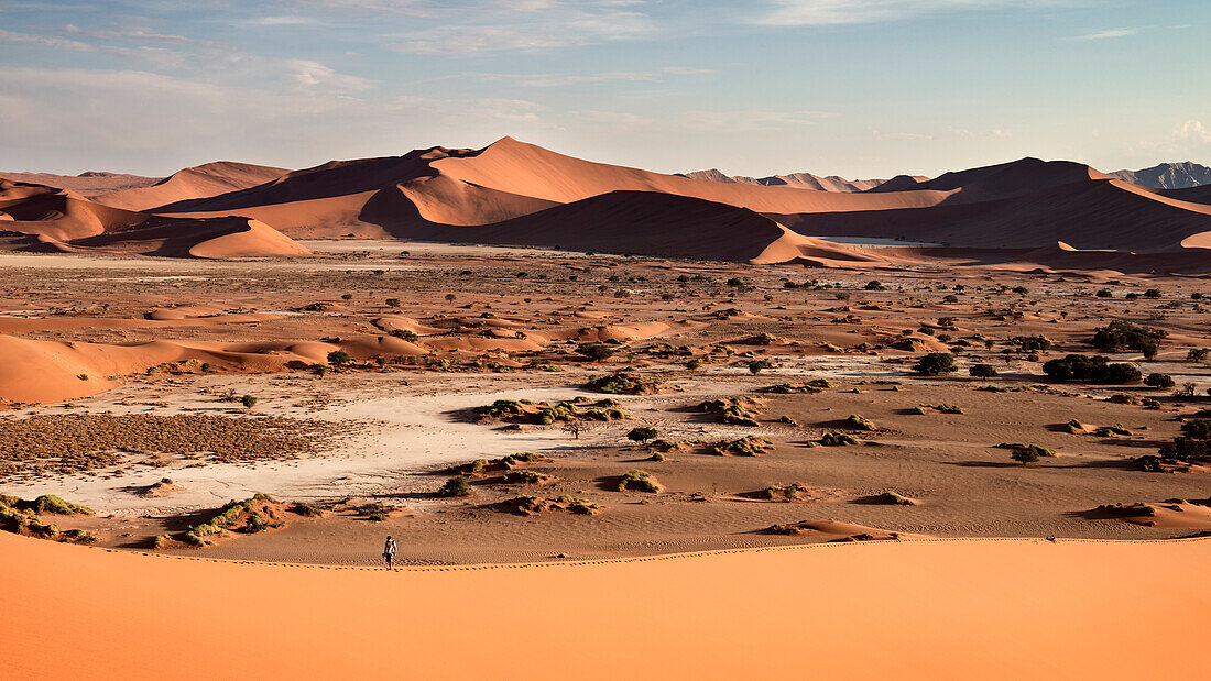 ein Wanderer mit Video Kamera läuft entlang dem Dünen Kamm in Sossusvlei, Namib Naukluft Park, Namibia, Namib Wüste, Afrika
