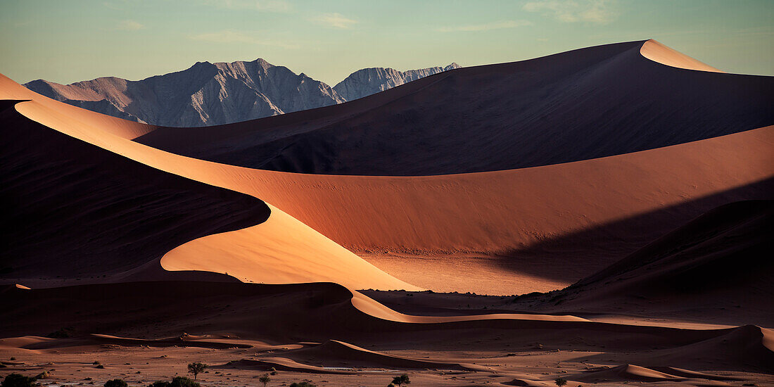 rote Sand Dünen und Berge am Horizont bei Sossusvlei, Namib Naukluft Park, Namibia, Namib Wüste, Afrika
