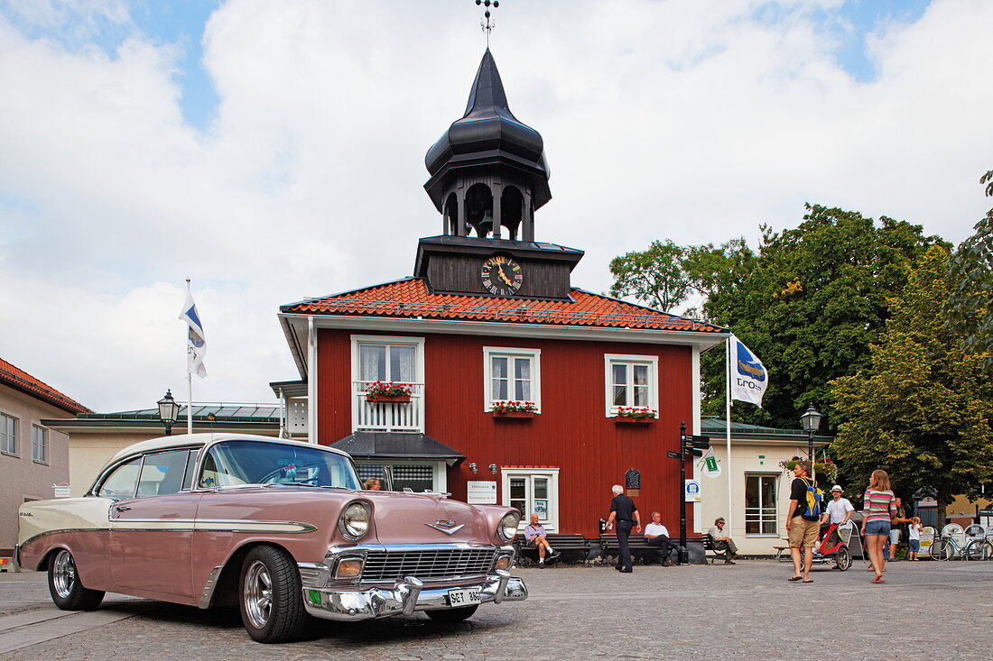 Classic car rallye and Trosa city hall, Trosa, Sweden