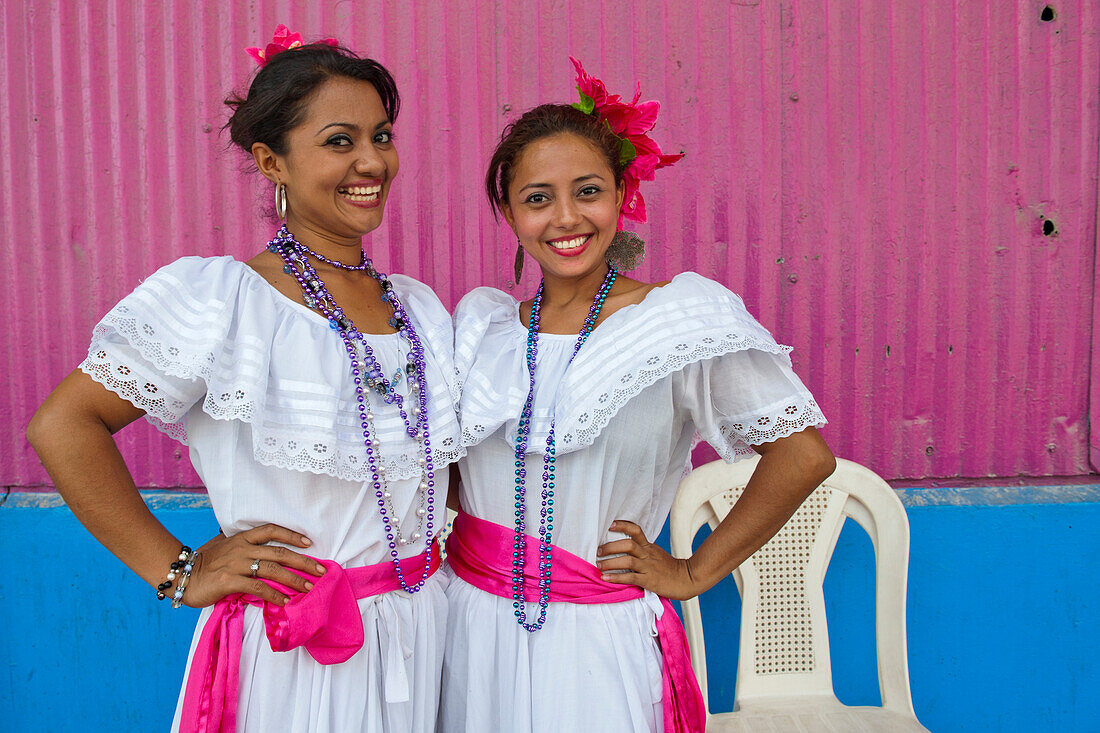 Mother and daughter wearing traditional costume, Corinto, Chinandega, Nicaragua