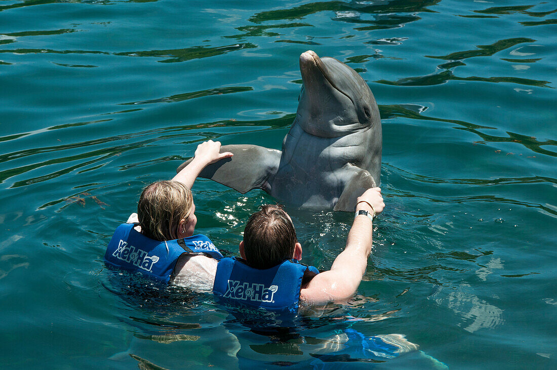 Zwei Besucher schwimmen mit einem Delfin im Delfinarium vom Xel-Ha Park, Tulum, Riviera Maya, Quintana Roo, Mexiko