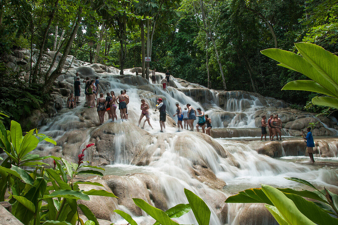 Besucher klettern in den Wasserfällen Dunn's River Falls, Ocho Rios, Saint Ann, Middlesex, Jamaika