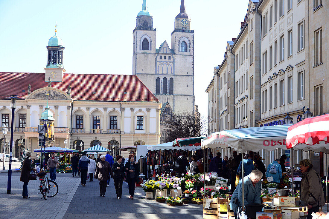 Market square at the old town hall with church, Johanniskirche, Magdeburg, Saxony-Anhalt, Germany