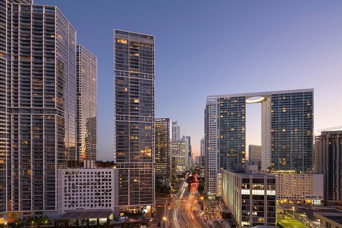 'Icon Brickell skyline, Miami, FL; Brickell Avenue right, Brickell Key left (architect = Arquitectonica).'