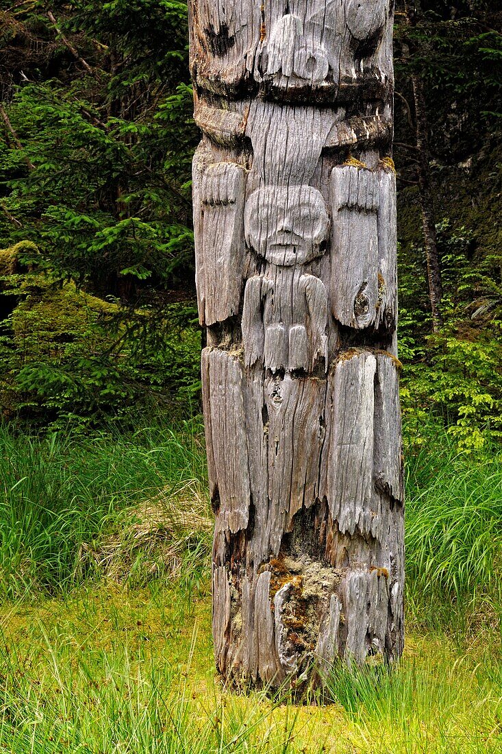 SGang Gwaay Island, UNESCO World Heritage site, Gwaii Haanas National Park- Mortuary Pole featuring a Watchman, Haida Gwaii (Queen Charlotte Islands) , British Columbia, Canada.