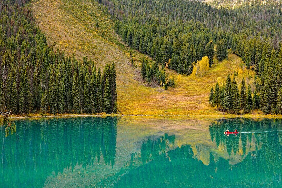 Emerald Lake with tourists paddling a canoe, Yoho National Park, Alberta, Canada.