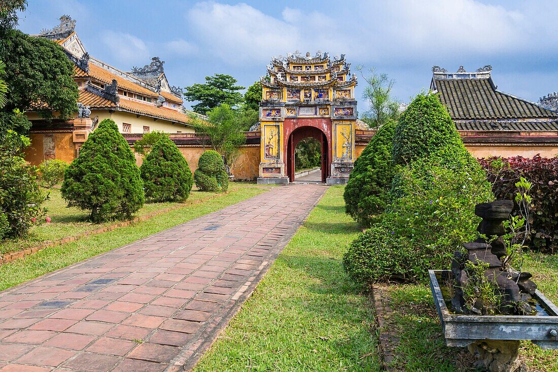 An ornate gate in the historic Old Imperial City in Hue, Vietnam, Asia.