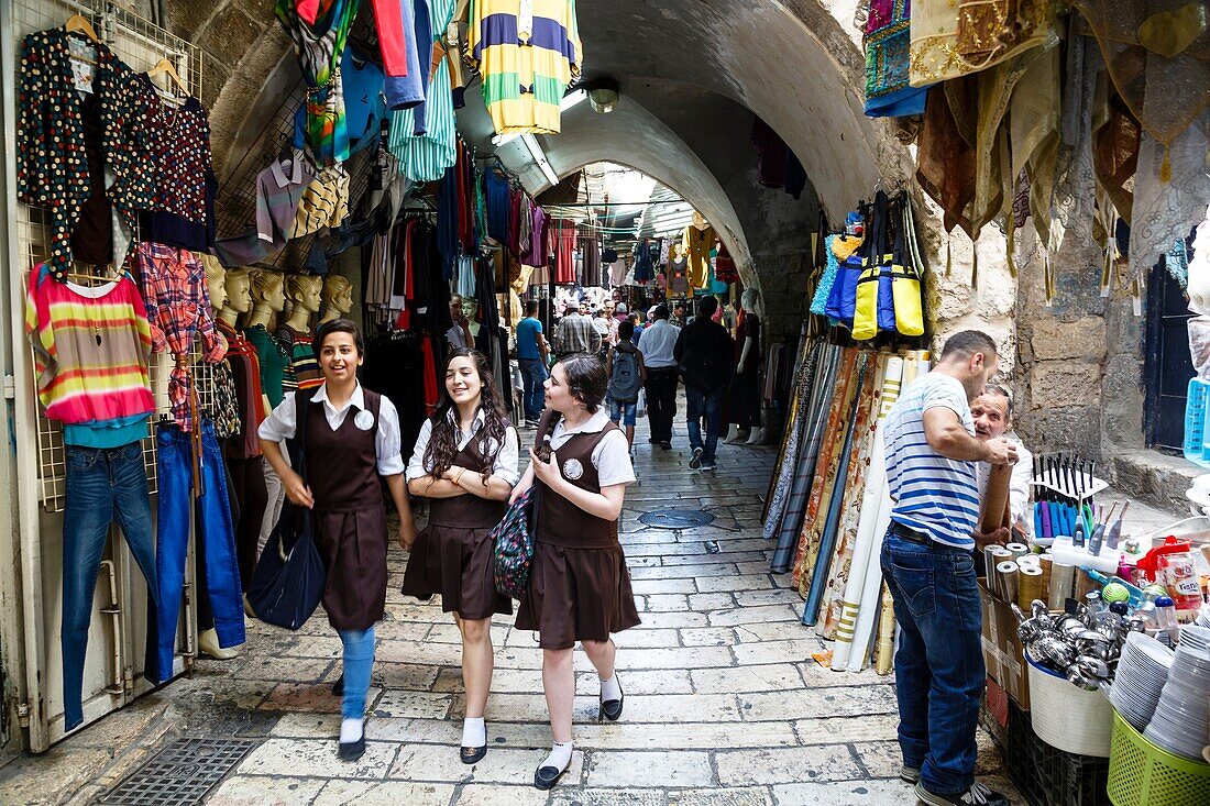 Arab souk, covered market, at the muslim quarter in old city, Jerusalem, Israel.
