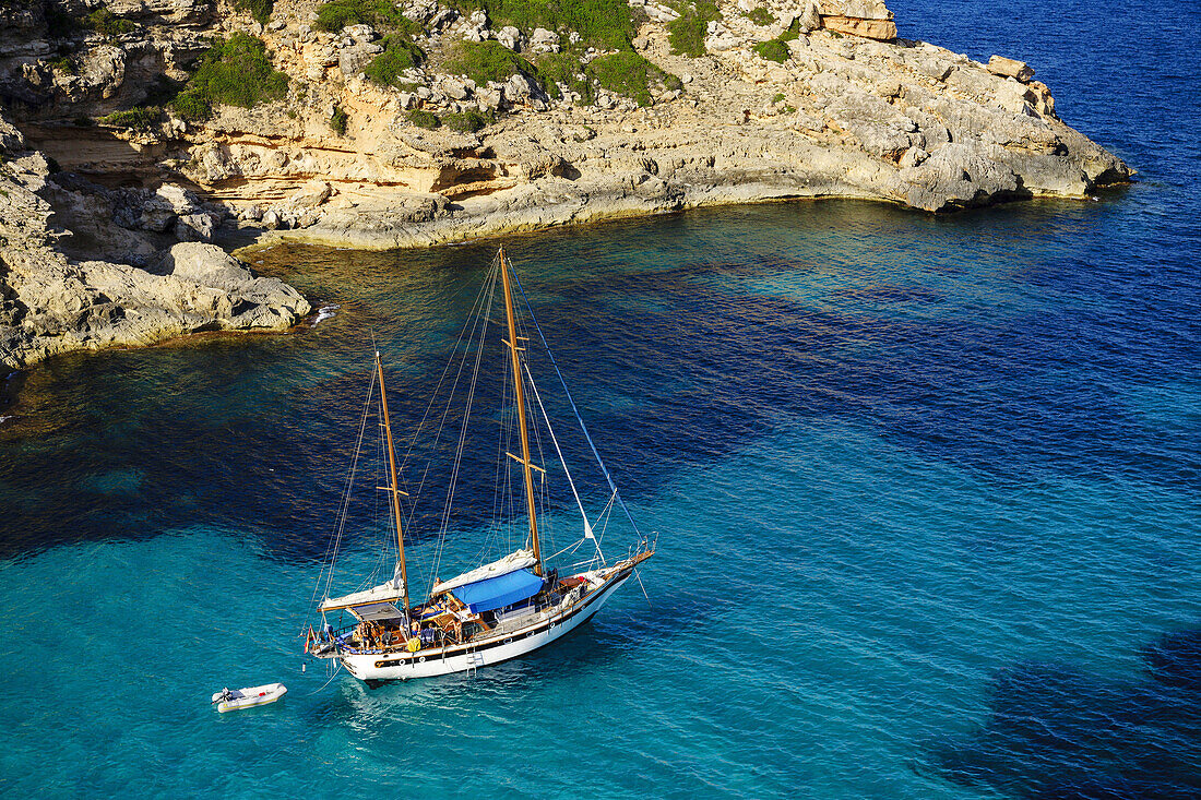 yachts anchored, Cala Marmols, Ses Salines, mallorca, Balearic Islands, spain, europe.