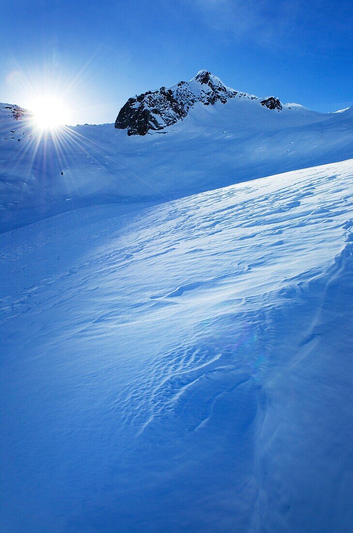 Wind blown snow patterns (sastrugi), Upper Marriott Basin in winter, Coast Mountains British Columbia.