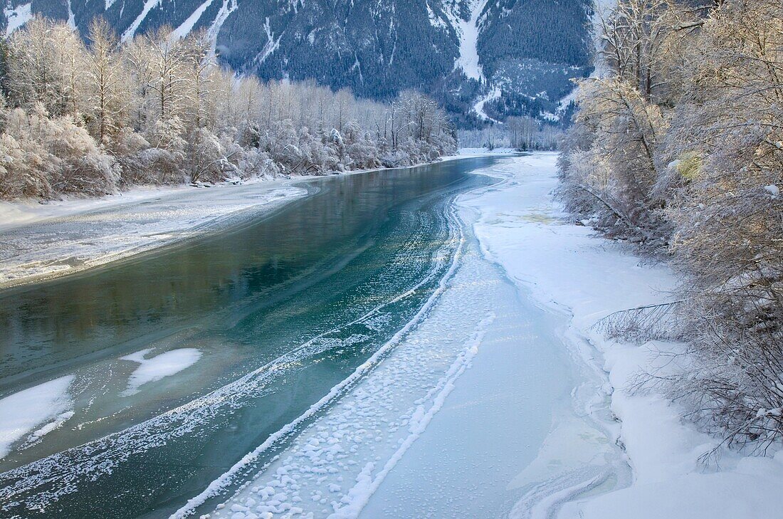 Ice along the Lillooet River near Pemberton, Coast Mountains British Columbia.