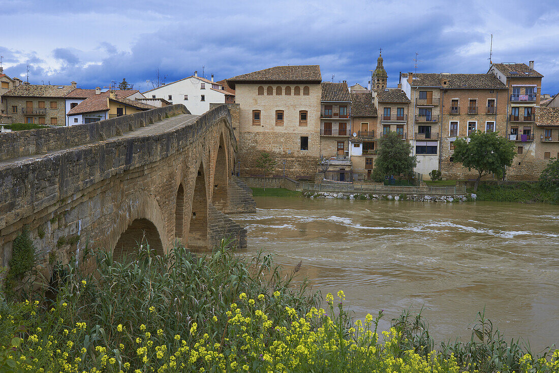 Medieval bridge over River Arga, Puente la Reina (Gares), Way of St James, Navarre, Spain, Europe.