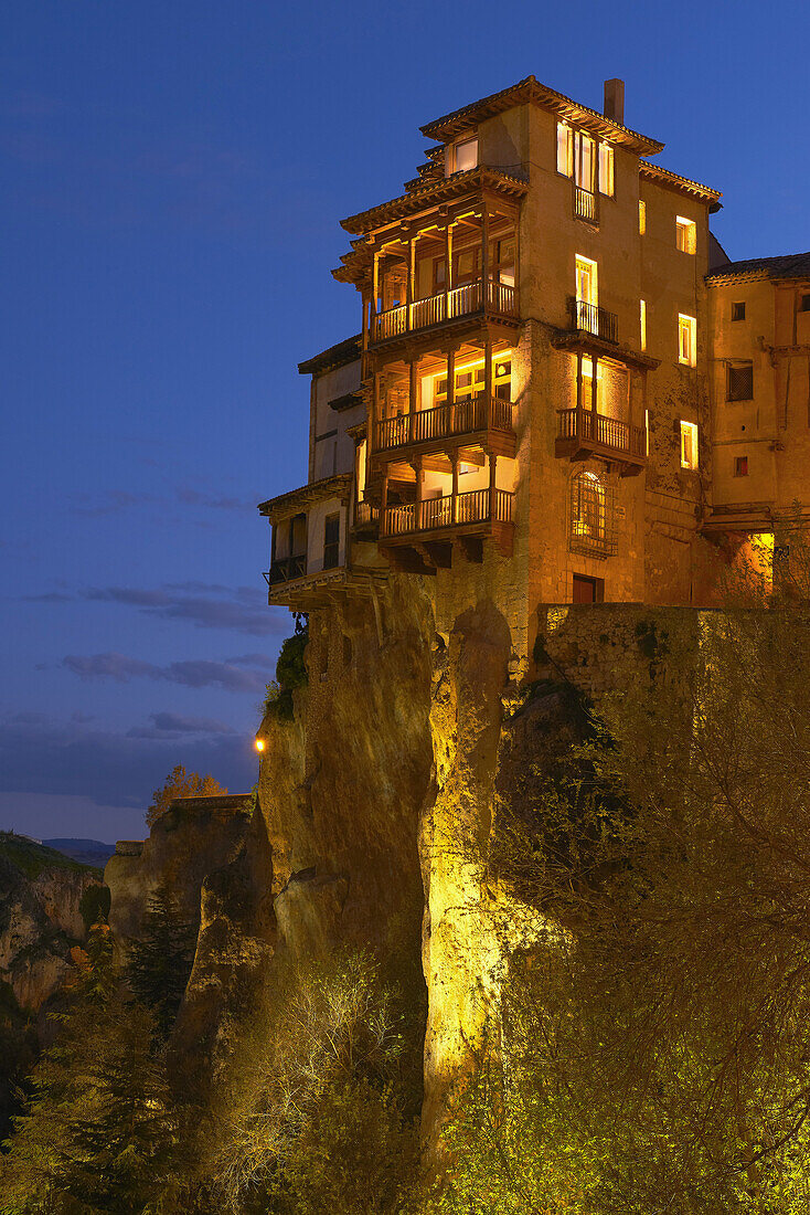 Cuenca, Casas Colgantes, Hanging houses at dusk, UNESCO World Heritage Site. Castilla-La Mancha. Spain.