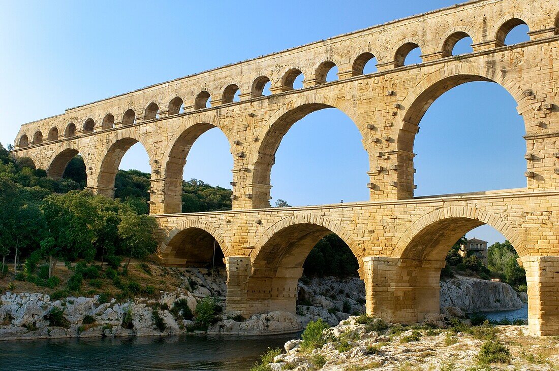 'Pont du Gard; Provence; France an ancient Roman Aqueduct Bridge that crosses the Gardon River.'
