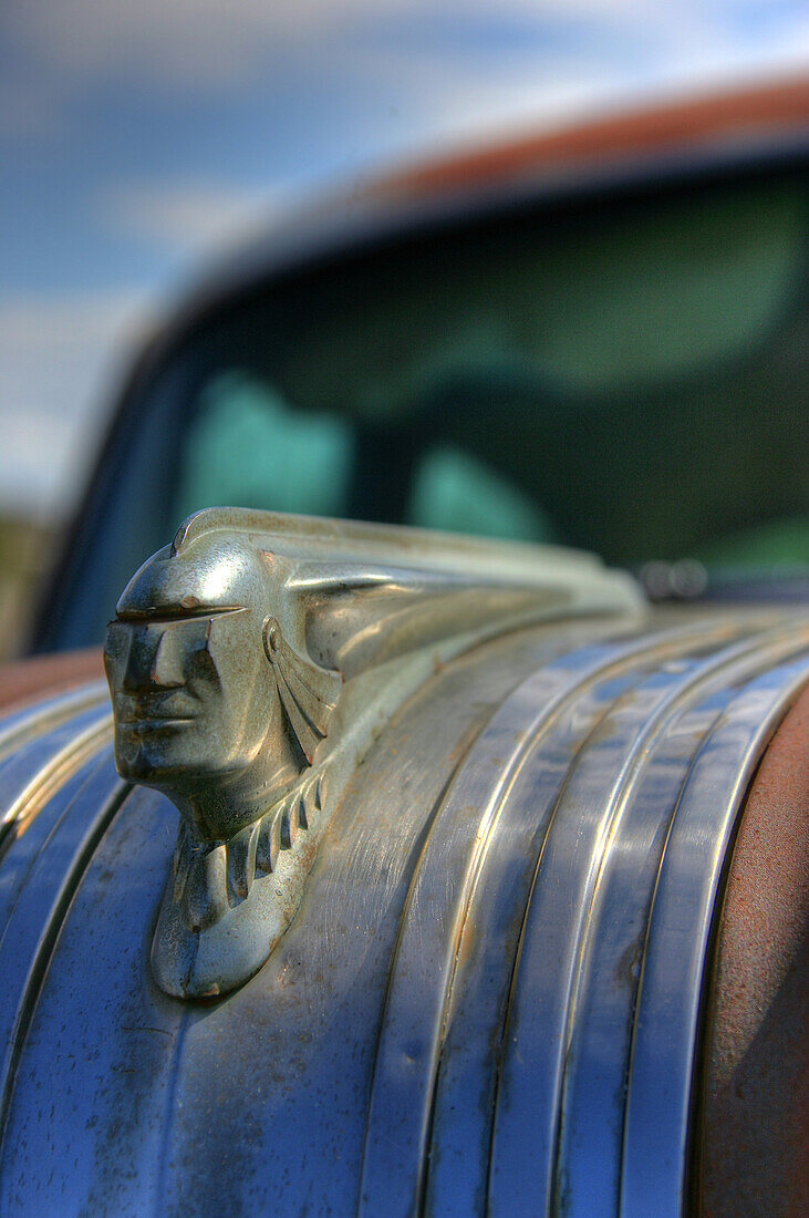 Close Up Of An Old Abandoned Pontiac Car Hood Ornament, Val Marie, Saskatchewan