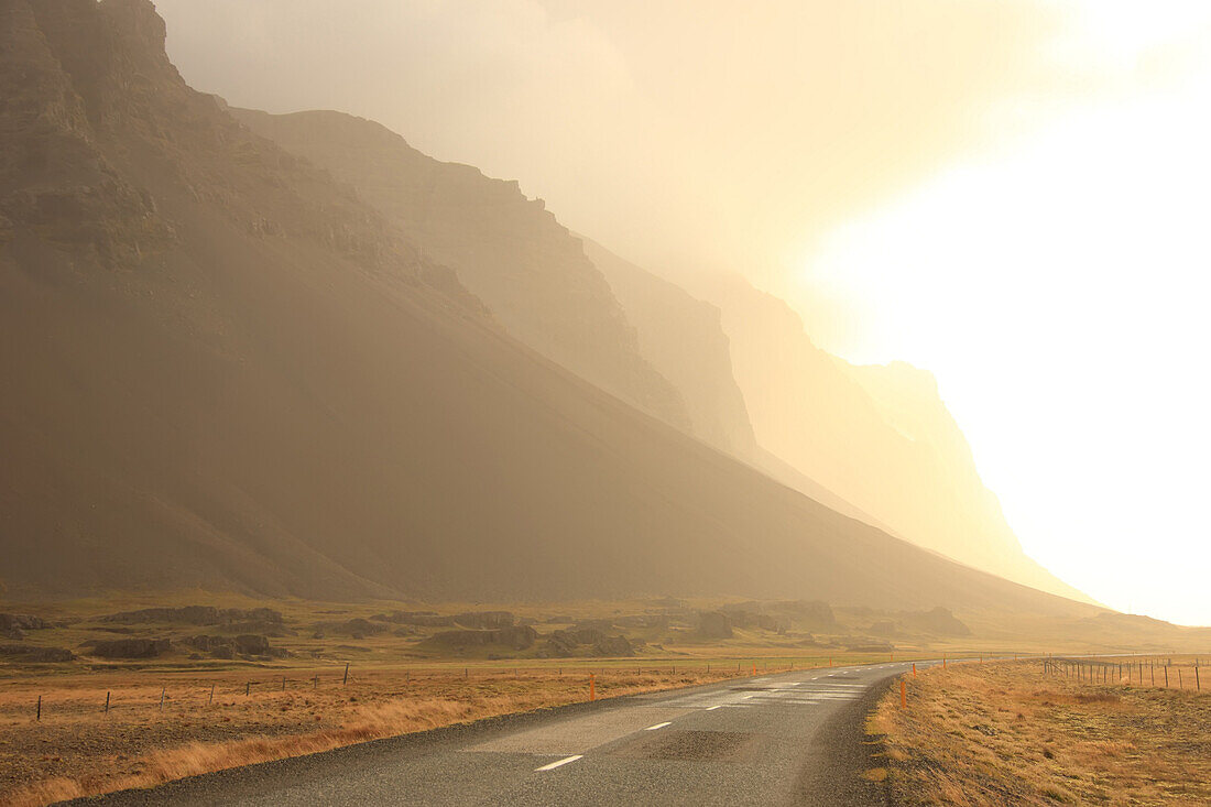 View Of Mountains In The Mist Along The Ring Road, Eastern Iceland