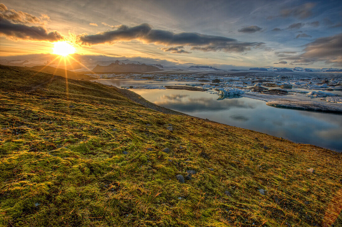 Sunset Over Tundra And The Glacial Lagoon, Near Jokulsarlon, Southern Iceland