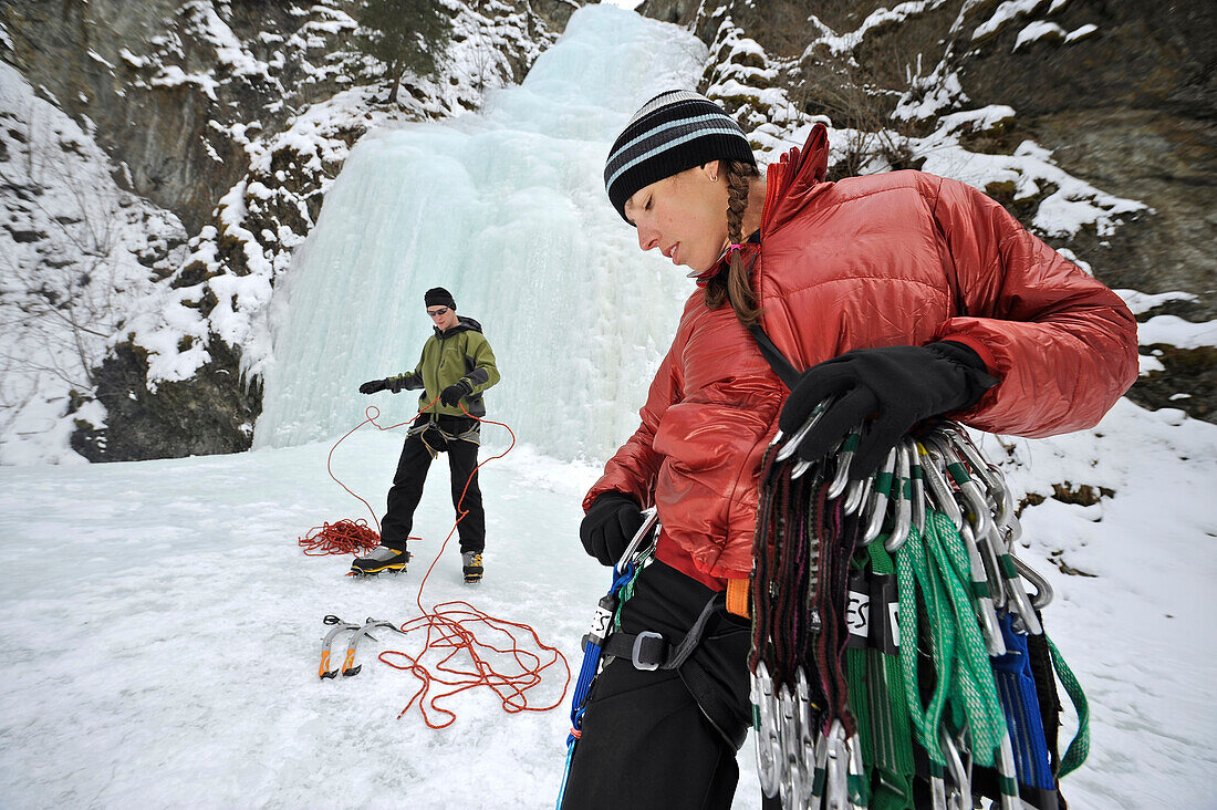 Two Climbers Prepare For Ice Climbing Near Anchorage, Alaska